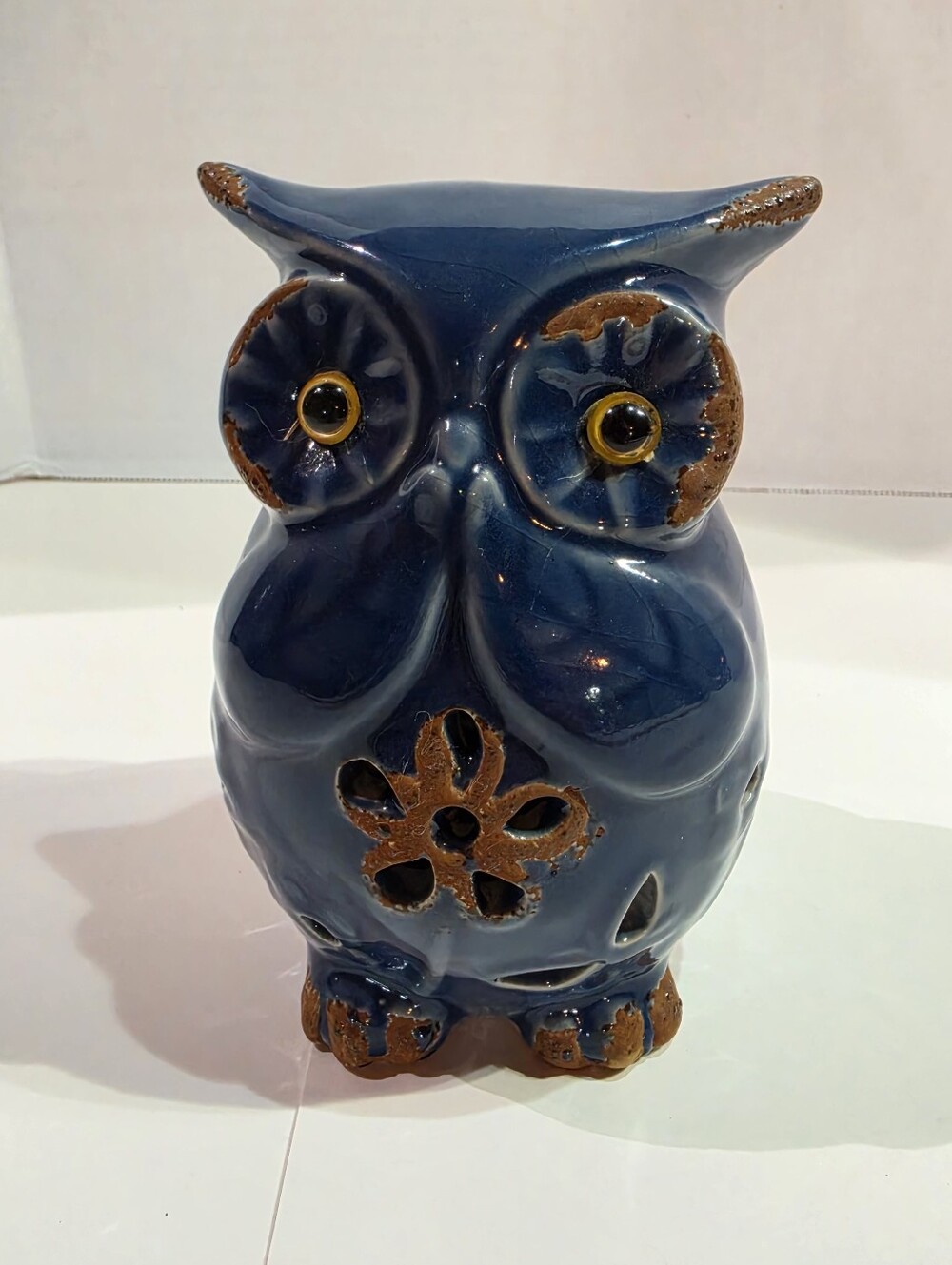 Vintage Pier 1 Imports Ceramic Owl Figurine Distressed Cobalt Blue Glaze